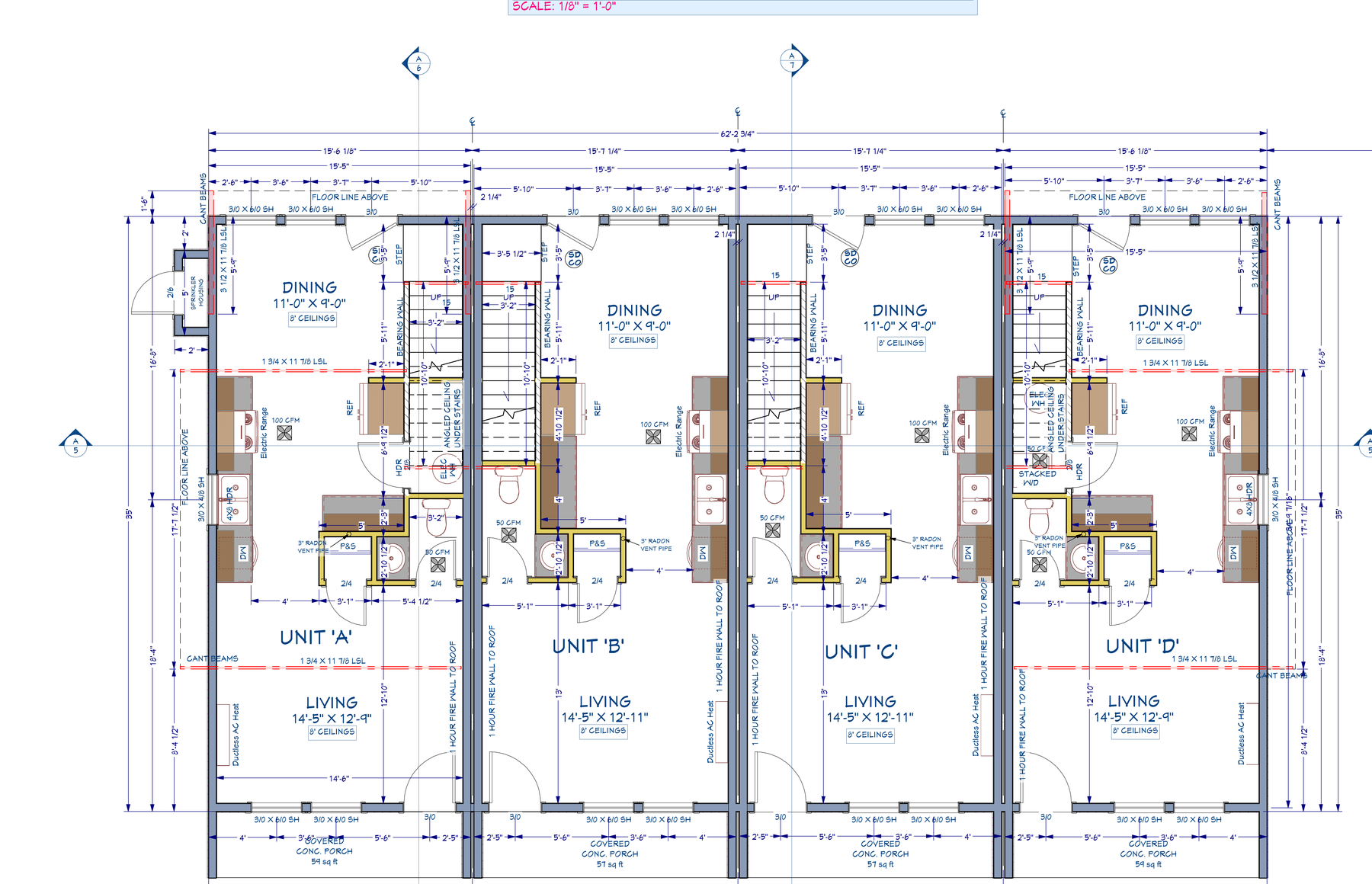 First floor architectural plan showing dining, living, kitchen, half bath, and stairs for all four units A through D