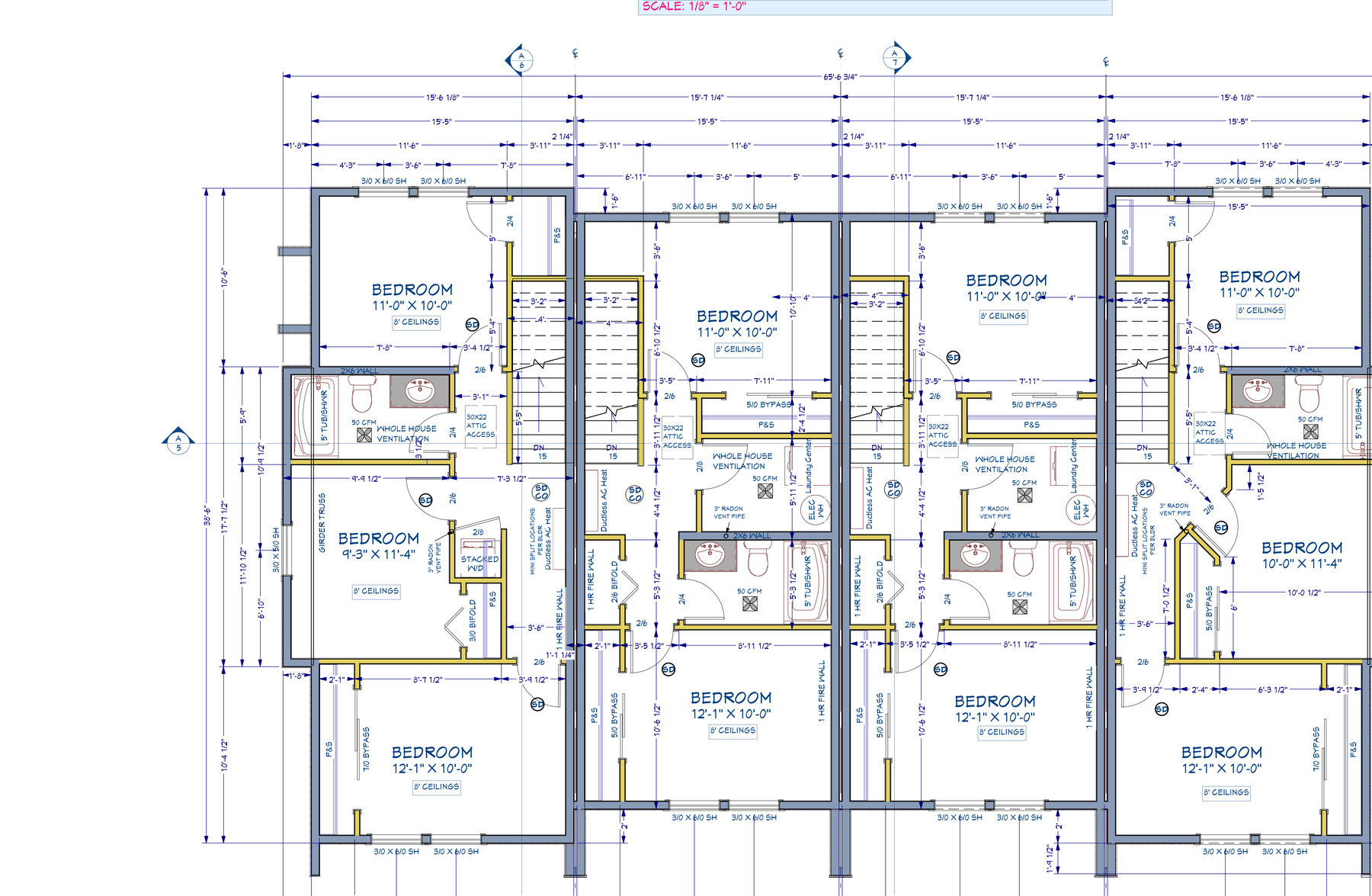 Second floor architectural plan showing bedrooms, full bathroom, and laundry for all four units A through D